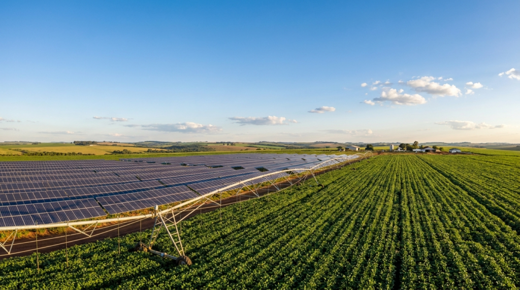 Painéis solares aplicados em propriedade do agronegócio