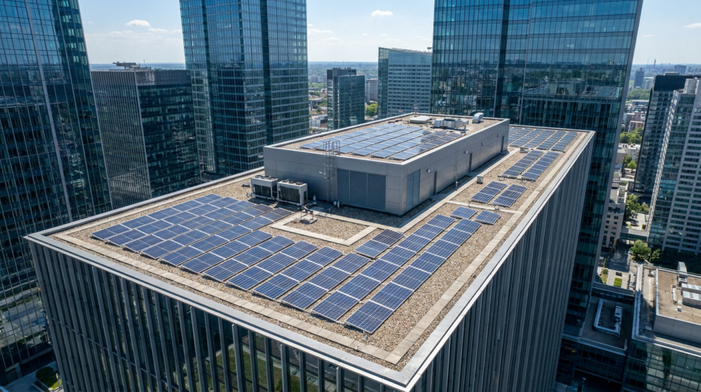 Painéis solares no telhado de um edifício comercial