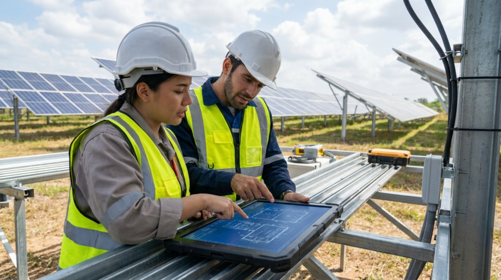 Engenheiros analisando um projeto fotovoltaico em campo (EPC)