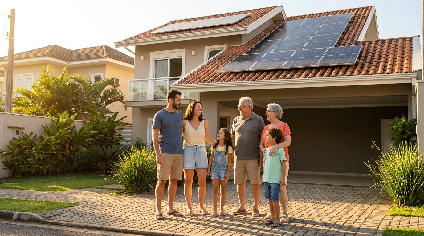 Família satisfeita com a instalação de energia solar em casa
