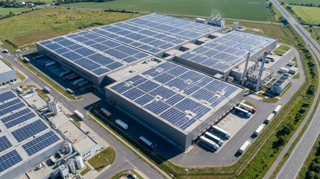 Galpão industrial com telhado coberto por painéis solares