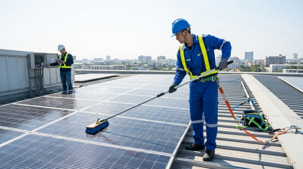 Técnico realizando manutenção e limpeza de painéis solares