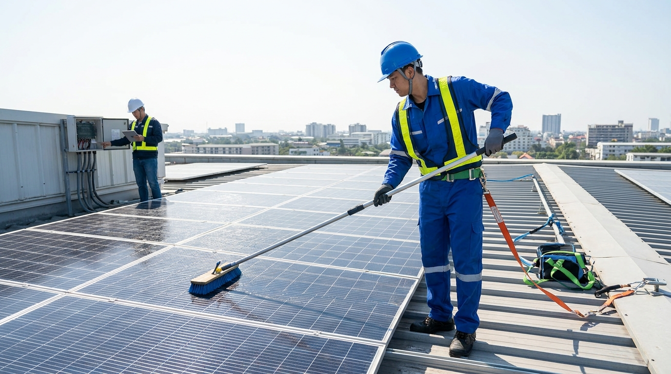 Técnico realizando manutenção e limpeza de painéis solares