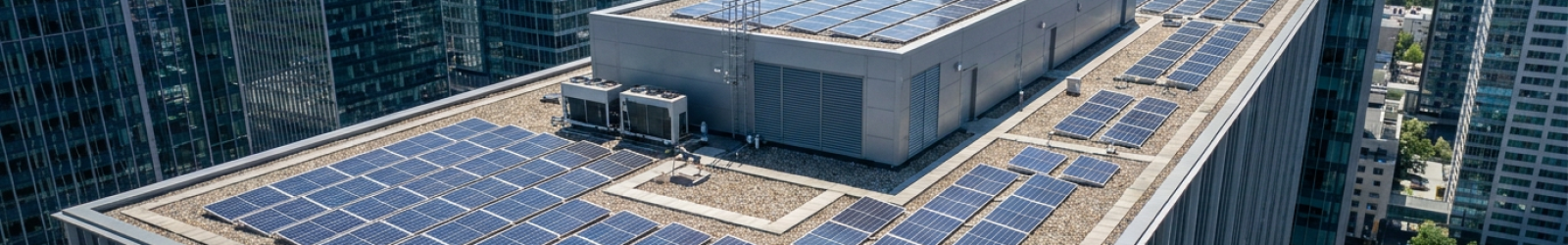 Painéis solares no telhado de um edifício comercial