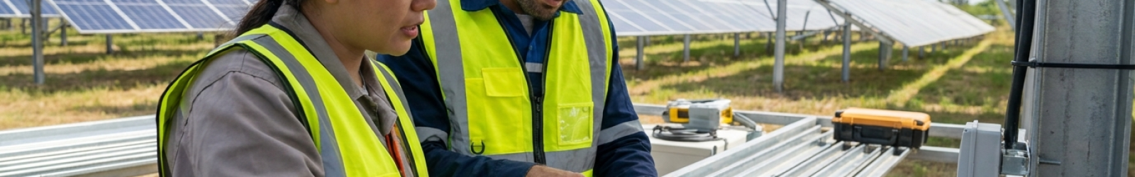 Engenheiros analisando um projeto fotovoltaico em campo (EPC)