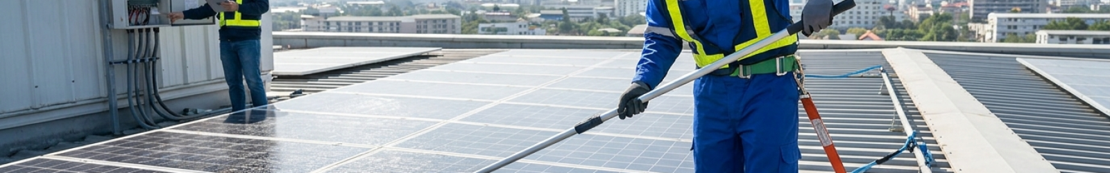 Técnico realizando manutenção e limpeza de painéis solares